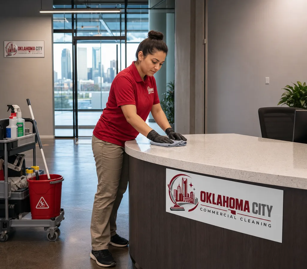 Commercial cleaner disinfecting a reception counter in a modern Oklahoma City office with a supply cart and floor-care tools nearby