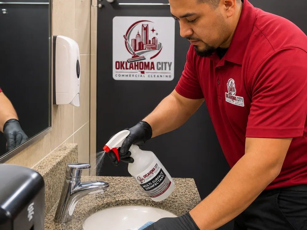 Commercial cleaner disinfecting restroom sink fixtures and touchpoints using a labeled product and color-coded microfiber cloth