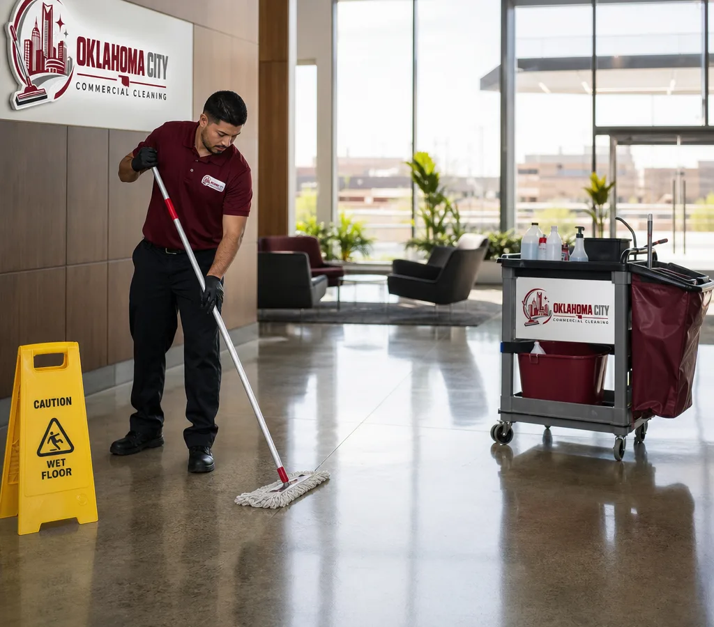 Commercial cleaner mopping a polished Oklahoma City office lobby with safety signage and a cleaning cart