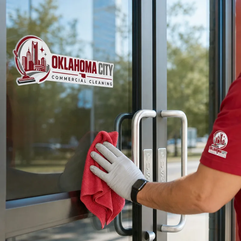 Clean streak-free commercial entry glass with disinfected handles and push plates