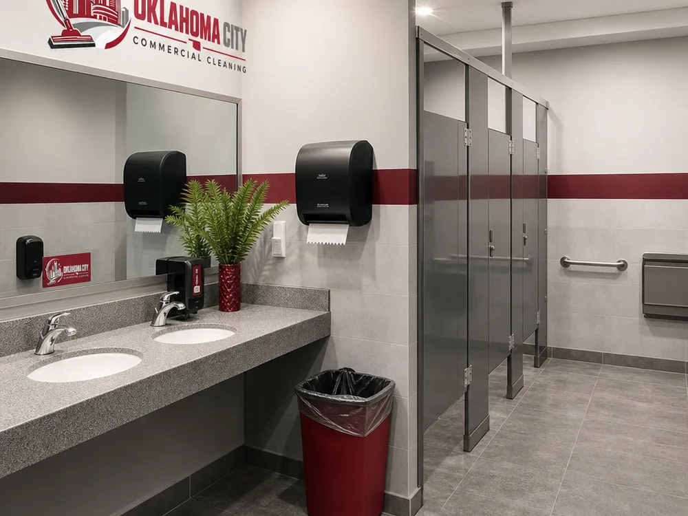 Finished commercial restroom with sanitized fixtures, stocked dispensers, and clean floors and partitions