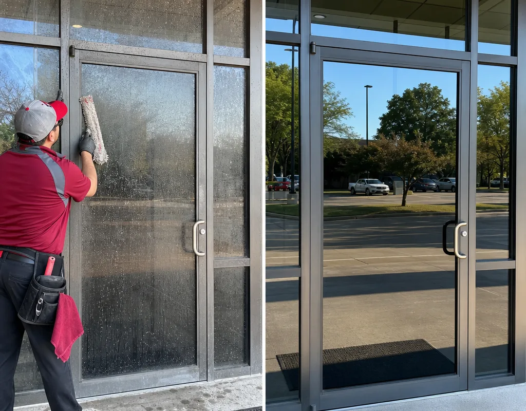 Before-and-after comparison of a commercial entry showing smudged glass beside clear streak-free glass with clean frames