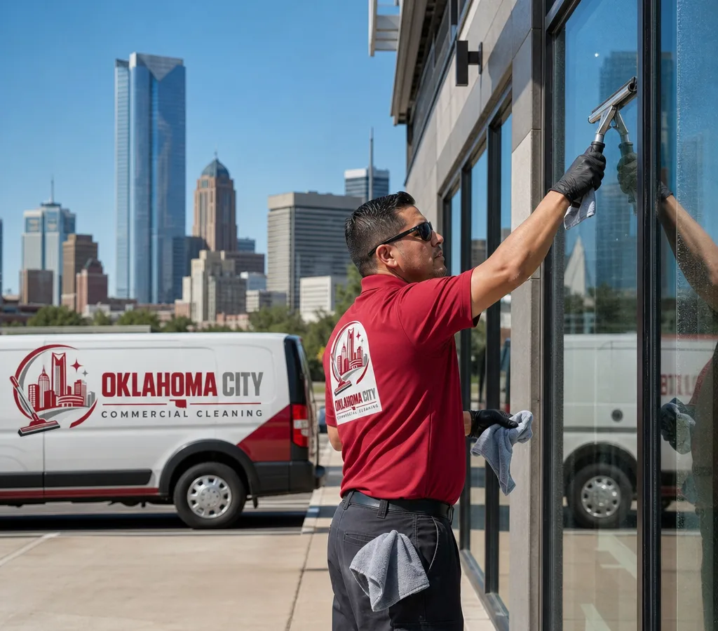 Technician cleaning large commercial storefront glass with a squeegee and detailing cloth outside an Oklahoma City facility