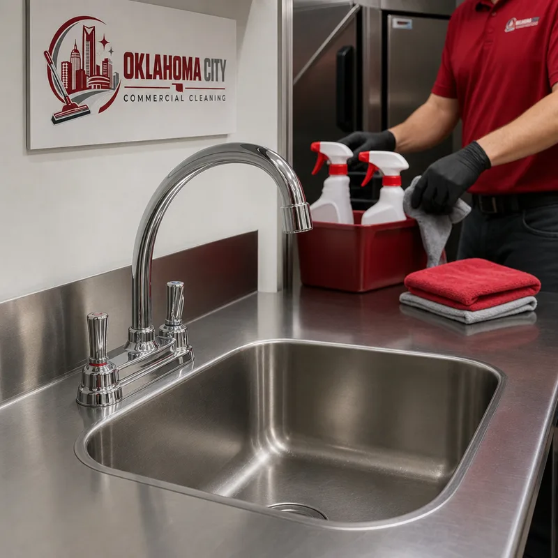 Properly cleaned breakroom counter and sink area with streak-free stainless and no residue around faucets