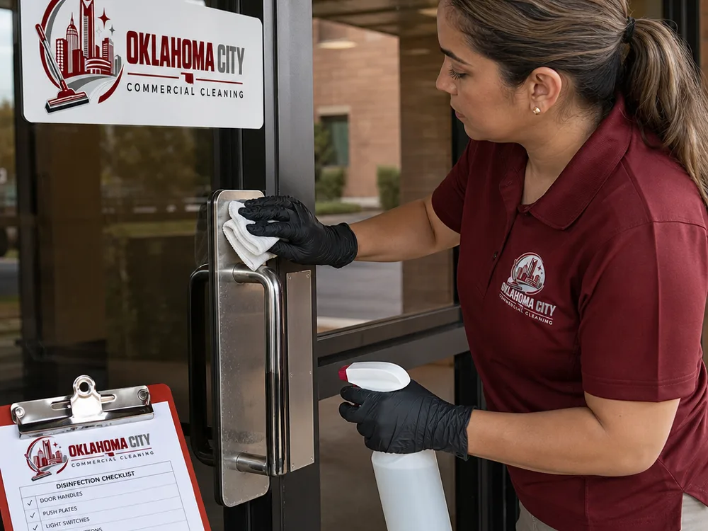 Cleaner disinfecting high-touch door handles and push plates at the entrance of a commercial suite with a checklist clipboard visible