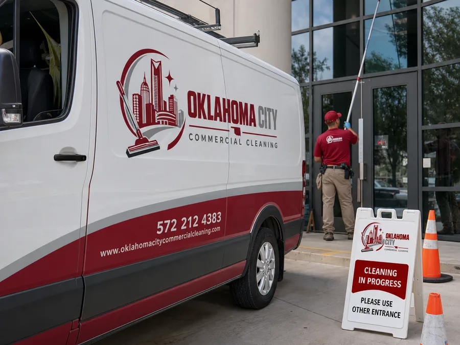 Crew member cleaning a commercial entrance with safety cones and signage keeping pedestrian traffic clear