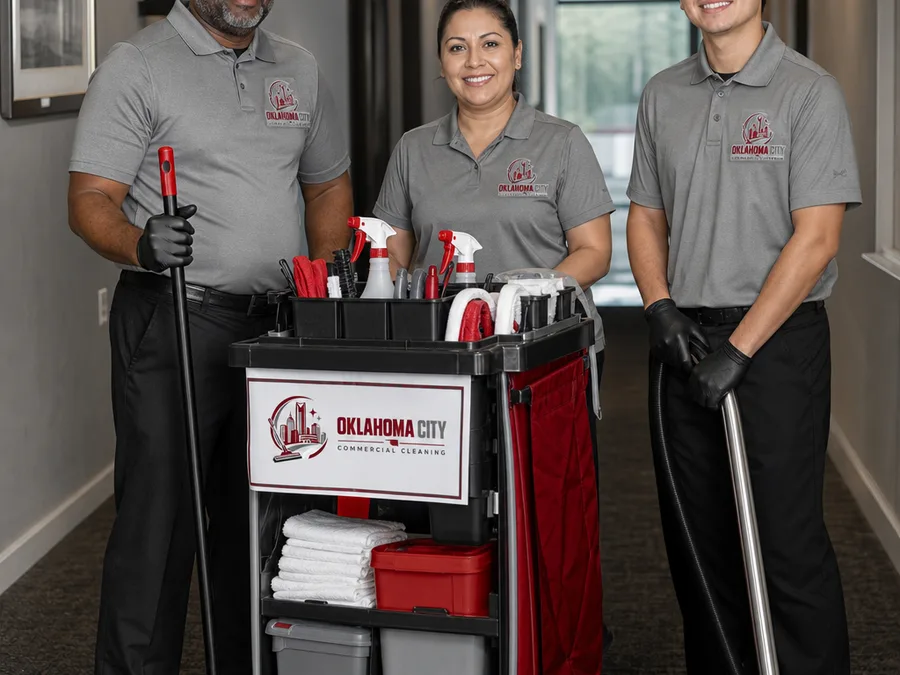Uniformed commercial cleaning crew beside a stocked janitorial cart in a professional hallway